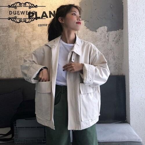 DUEWEER Basic Jackets Women Solid Pocket Zipper Students Loose Harajuku Fashion Streetwear All-match Simple Retro Spring Autumn
