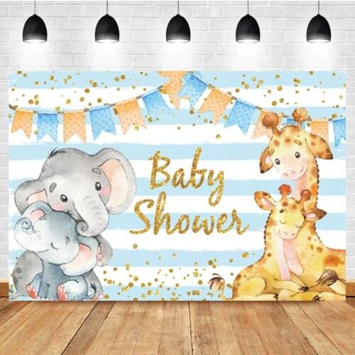 Laeacco Blue Stripes Cartoon Elephant Giraffe Baby Show Birthday Custom Photography Backdrop Photo Background For Photo Studio