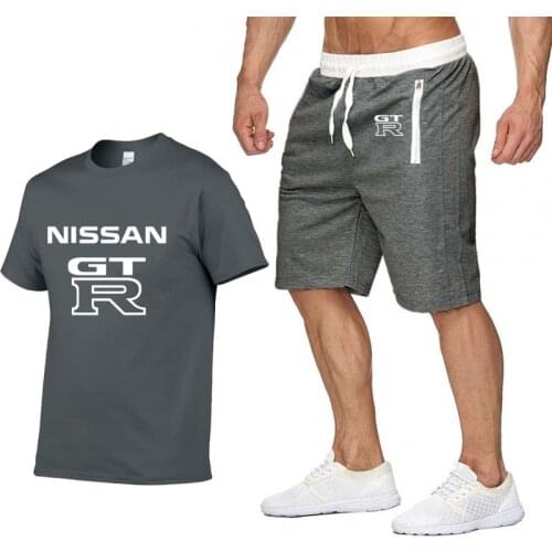 2020 Summer New Mens T-shirt Nissan GTR Car Logo Printing Short sleeve High quality Cotton Mens T-shirt+shorts 2 piece suit