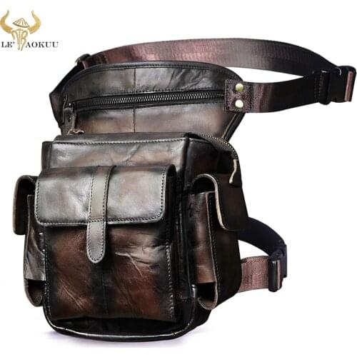 Soft Original Leather Men Design 8" Messenger Shoulder Bag Multi-function Coffee Fanny Waist Belt Pack Leg Drop Bag Pouch 913-5