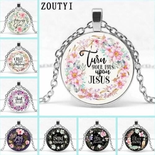 2019New Hot Sale Floral Bible Text Pattern Concave Glass Pendant Necklace, an inspiring gift from the Christian faith. wholesale