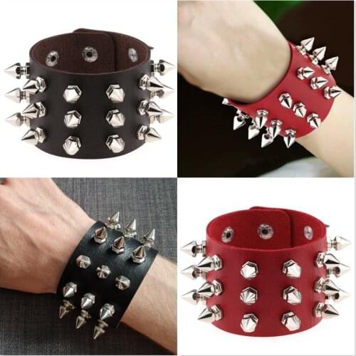 New Mainstream Rock Spiked Rivet Conical Stud Wide Leather Cuff Bracelet For Men And Women Punk Gothic Neutral Bracelet Jewelry
