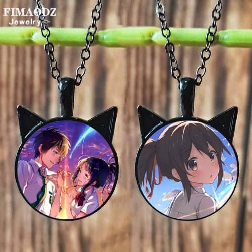 FIMAODZ Anime Kimi No Na Wa Cosplay Necklace for Men Women Couple Your Name Figure Glass Gem Cat Ears Pendant Choker