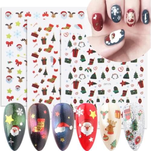Merry Christmas 3D Nails Sticker Santa Claus Elk Xmas Trees Cartoon Adhesive Sliders Nail Art Accessories Decals DP171-178