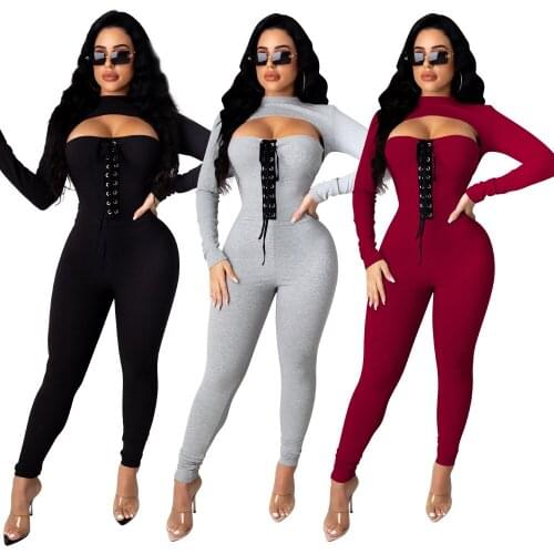 Sexy Knit Ribbed Womens Tracksuit Long Sleeve Crop Tops Criss-Cross Lace Up Strapless Jumpsuit Sporty Fitness Two Piece Set