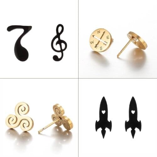 Hip hop Stainless Steel Black Small Earrings for Women Men Trendy Compass South North Rocket Teen Wolf Earring Music Charm Studs