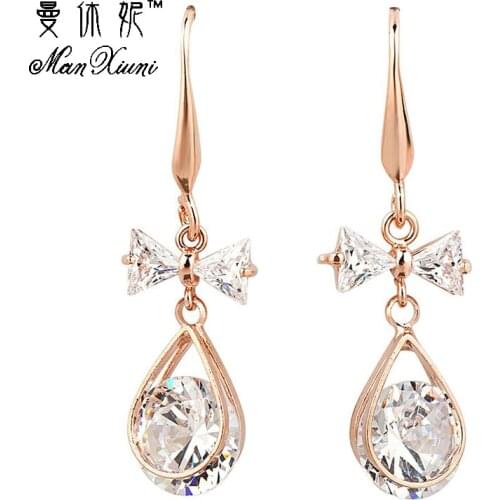 Fashion Cubic zircon Plated Dangle Earrings Women Big Drop Brand Design Bow Style Pendientes Romantic pendientes mujer moda