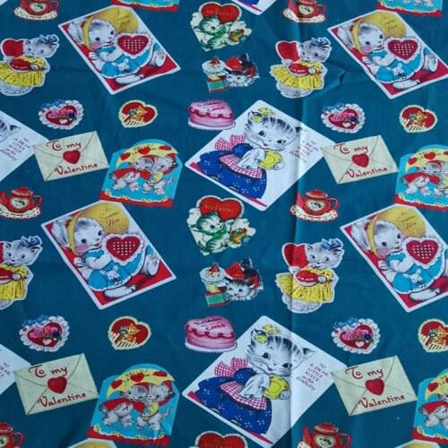Cartoon Cat To my Valentine Blue 100% Cotton Fabric for Girl Dresses Cushion Cover Curtain Backpacks Cushion Cover Sewing