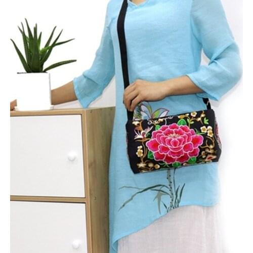 Ethnic style embroidered shoulder bag hand-embroidered three zipper wallet mobile key bag ladies one-shoulder messenger bag 0248