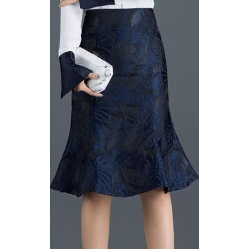 Summer Spring Womens Office Lady High Waisted Blue Floral Ruffles Career Trumpet Skirt , Woman Female Flower Mermaid Skirts