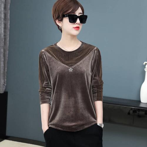 Women T Shirt Warm Golden Velvet Pullovers Tops Winter Warm Round Neck Long Sleeve Bottoming Slim T-shirt Plus Size 4XL Y36
