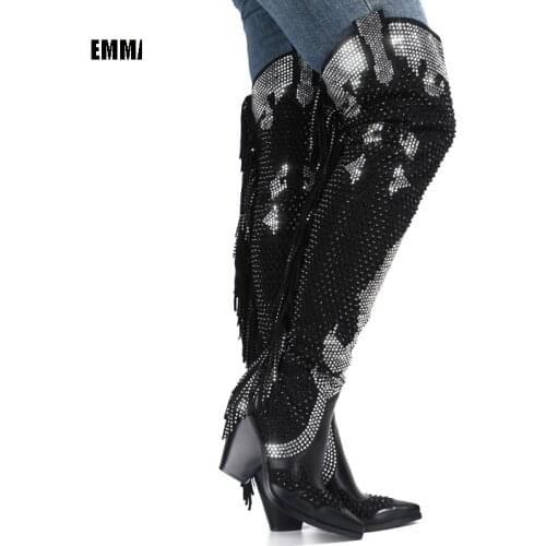 2021 Women Blingbling Over The Knee Boots Lady Tassel Long Boots Black Crystal Decor High Heels Shoes Chelsea Boots For Women