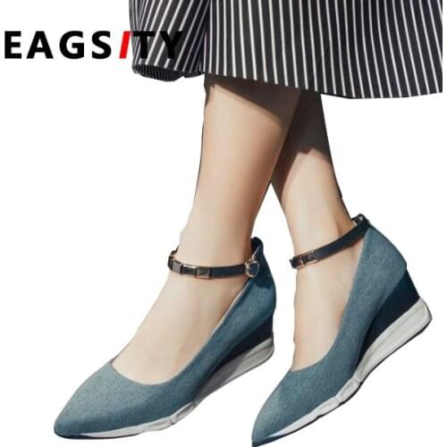 EAGSITY Denim wedges shoes for women high heel pointed toe ankle strap ladies shoes pumps 5.5cm heel height