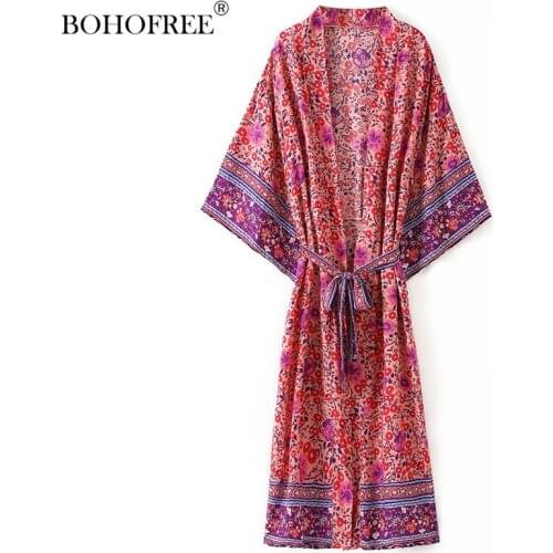 100% Cotton Pink Floral Boho Robes Casual Plus Size Women Batwing Sleeve Holiday Rayon Vestidos Hippie Maxi Dress Femme