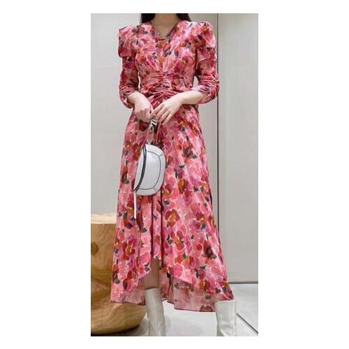 Women V Neckline Floral Printing Midi Dress With Creased-effect Detail