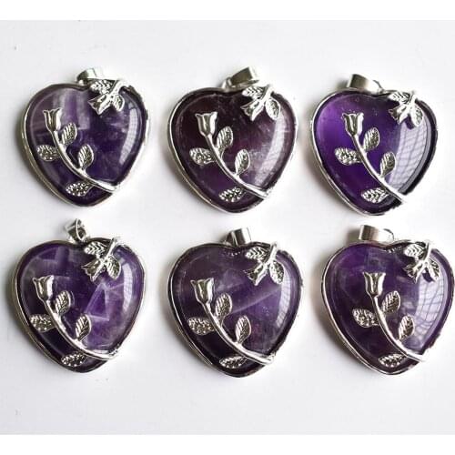 Romantic silver plated natural amethysts pink quartz Love Flower Pendant womens necklace fashion jewelry 6pcs free shipping