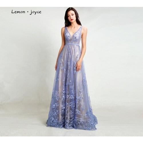 Lemon joyce Formal Evening Dresses Long 2020 Sexy V-neck Illusion A-Line Prom Gowns Dress Party Plus Size