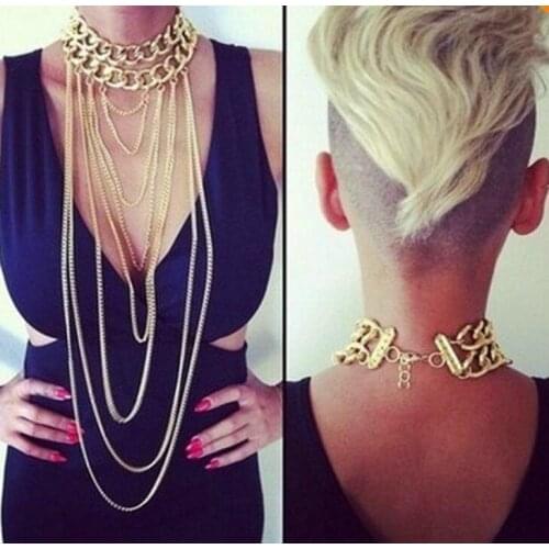 Punk style golden metal chian choker layered body chain necklace fashion jewelry