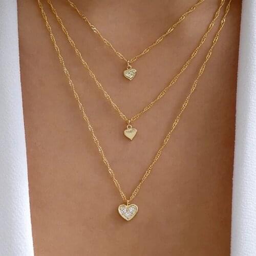 3 Pcs/Set Simple Gold Crystal Heart Necklace for Women Multilayer Clavicle Chain Heart Necklace Set Party Jewelry Accessories