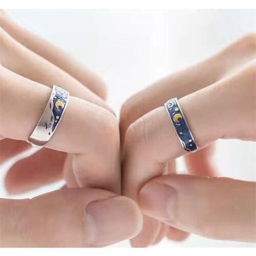 Simple Design Van Gogh Starry Sky Night Open Rings For Women Men Lovers Elegant Blue Stars Moon Adjustable Ring Jewelry A946