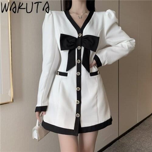 WAKUTA Bow Elegant Single Breasted Slim Dress Ladies Korean Designer V Neck Offical Party Fashion Female Mini Dresses for Women