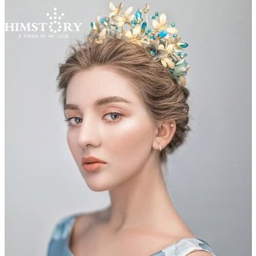 HIMSTORY Vintage Blue Flower Butterfly Tiara Crown Baroque Queen Wedding Party Hair Accessories