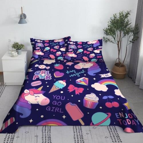 Cute Unicorn Bed Sheet Set 3D Printed Cartoon Bed Flat Sheet With Pillow Cover Gifts For Kids King Full Twin Size Wholesale