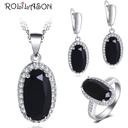 ROLILASON Anniversary Gift Black Cubic Zirconia Oval shape Set For girl 925 Silver Earrings Necklace Rings Jewelry Sets JS760
