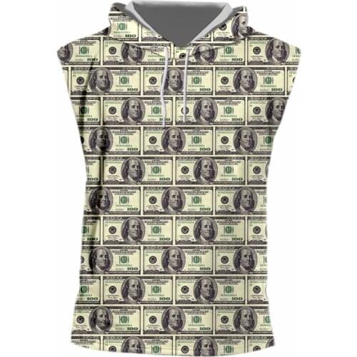IFPD EU Size America Plus Size Hooded Tank Top 3D Printed Dollar Sleeveless Shirt Mens Fashion Casual Fitness Funny Sport Vest