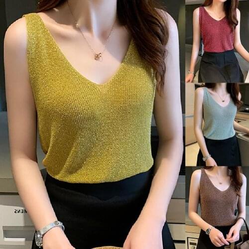 Fashion Women Sexy Solid Color Shining Tank Tops Knitted V Neck Summer Slim Vest Woman Summer Vest