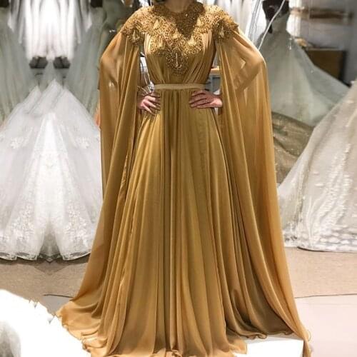 Muslim Evening Dresses 2020 O-neck Beaded with Rhinestones Gold Chiffon Dubai Kaftan Prom Dress with Detachable Cape Sleeves
