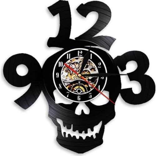 Halloween Horror Skull Wall Clock With Big Numbers Home Decor Devil Demon Skeleton Head Laser Cut Album LP Vinyl Record Clock