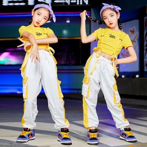 New Girls Hip Hop Clothing Yellow Short Sleeved Cargo Pants Dancers Outfits Rave Clothes Ballroom Practice Jazz Costumes DQS7607
