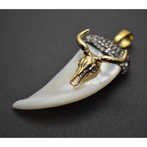 New Arrival White Shell Horn Shape Pendant Gold Plating Ox-head Rhinestone Crystal Paved For Necklace Making Findings 10pc/lot
