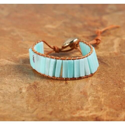 New Bohemia Bracelet Amazonite Single Vintage Leather Wrap Bracelet Semi Precious Stone Beaded Cuff Bracelet Dropshipping