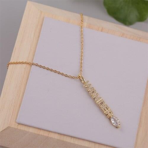 Fashion Cubic Zirconia Copper Metal Word WONDER Letter Pendants Necklaces For Women Gold Color Stainless Steel Chain Necklace