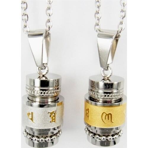 Stainless Steel Buddhism Six Words Rotatable Necklace Women Men OM Mantra Prayer Wheel Mantra Bottle Urn Pendant Necklace