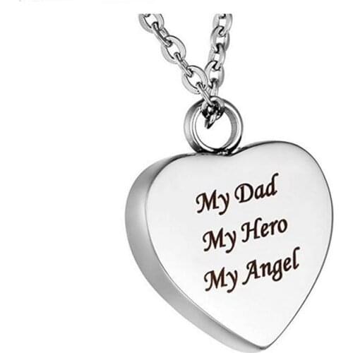 Stainless Steel Cremation My Dad My hero My angel Heart Memorial Pendant Ashes Urn Necklace Backside Name can be Engraved
