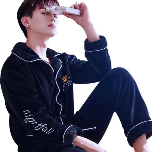 H5887 Men Pajamas Set Thick Coral Velvet Flannel Embroidered Sleepwear Suit Autumn Winter Plus Size Long Sleeve Casual Home Wear