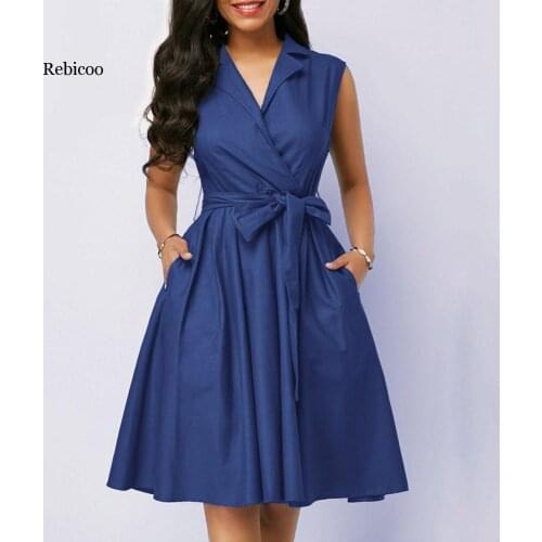 Casual Women Dress Sleeveless Notched Navy Blue Dress Sashes Summer A-line Beach Maxi Dresses Plus Size Party Dress Vestidos