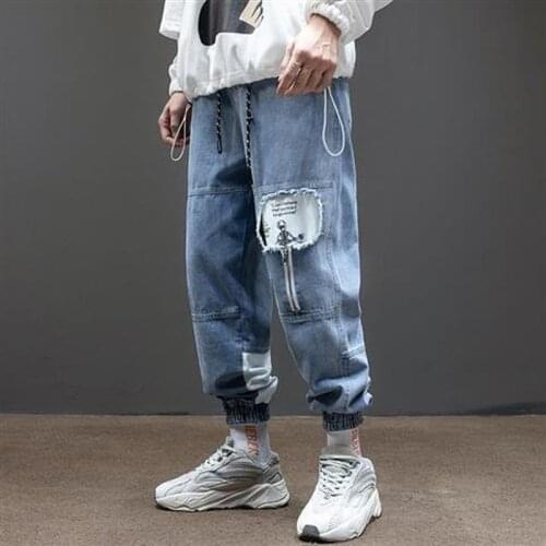 Ripped Jeans Mens Loose Cropped Trousers with Elastic Waist and Workwear Casual Trousers Jeans for Men