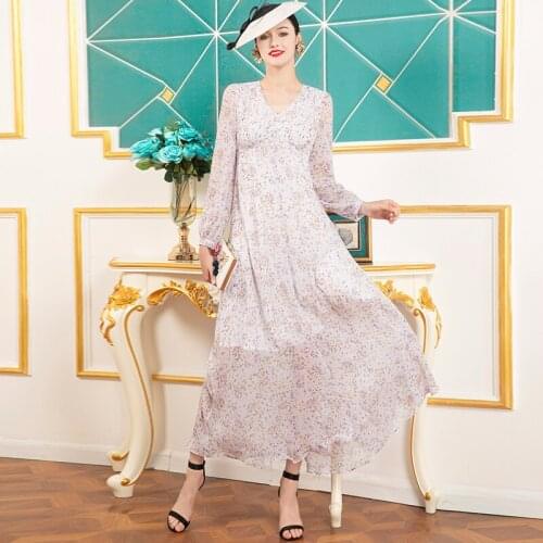 2021 Spring Autumn Chiffon Long Dress Lolita Style V-neck Dress Long Sleeves Dress Elegant DZ1370