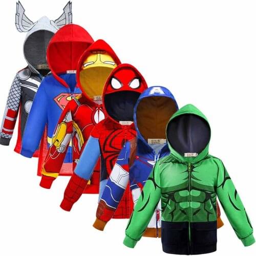 Superheroes Hoodies for Baby Boy Featured Light Soft Thin Spring Autumn Captain Spider God of Thunder Coats Cars Cartoon Jackets