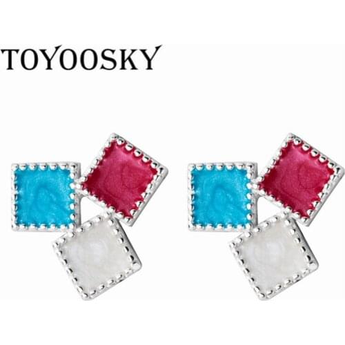 TOYOOSKY 2018 Fashion New Colourful Square Geometric Stud Earrings For Women 925 Sterling Silver Wedding Jewelry Engagement Gift