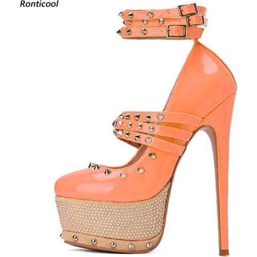 Ronticool Women Platform Pumps Ankle Strap Sexy Studs Stiletto Heels Round Toe Gorgeous 10 Colors Party Shoes US Plus Size 5-20