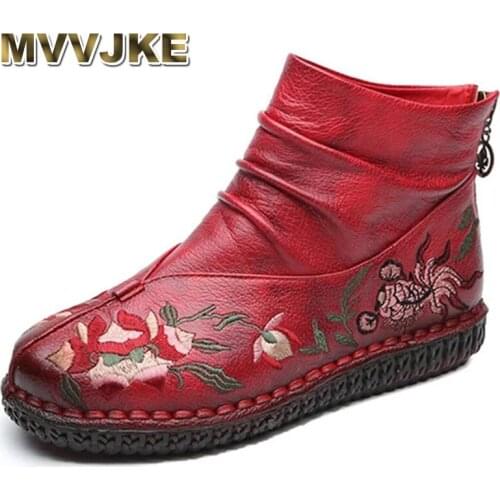 MVVJKE Chinese style womens boots autumn winter new retro leather non-slip short boots women flat embroidered soft bottom boots