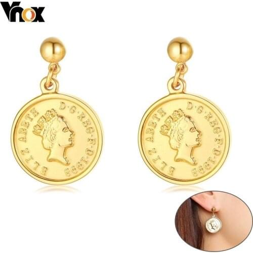 Vnox Unique Design Queen Elizabeth Avatar Coin Earrings for Women Vintage Gold Tone Round Stud Earring Girl Lady Gift