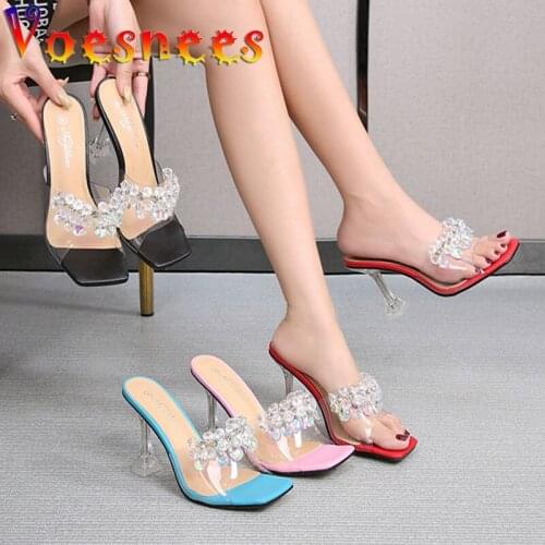 Voesnees Sexy Square End Diamond Women Slippers New Transparent PVC Shiny Sequin Heel Shoes Solid Color Summer Crystal Sandals