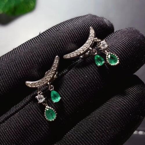100% Lovely Moon water drop natural green Emerald water drop earrings Natural gemstone earrings 925 silver female party jewelry