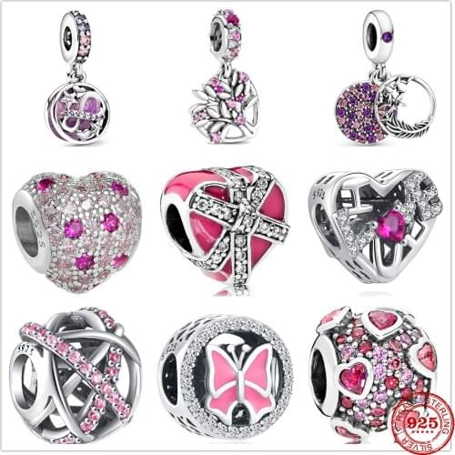 New Original Silver Pink Heart Gift Box Bow Charm Bead fit Pandora charms silver 925 beads Bracelet for women DIY Jewelry Gift